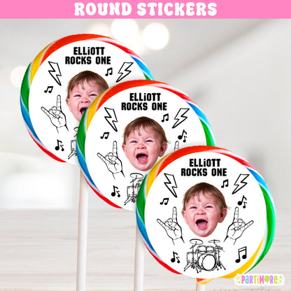 Rock star party round stickers – Born Two Rock 1st birthday party favor lollipop labels with guitars and music notes, perfect for candy pops or world tour music concert birthday themes.