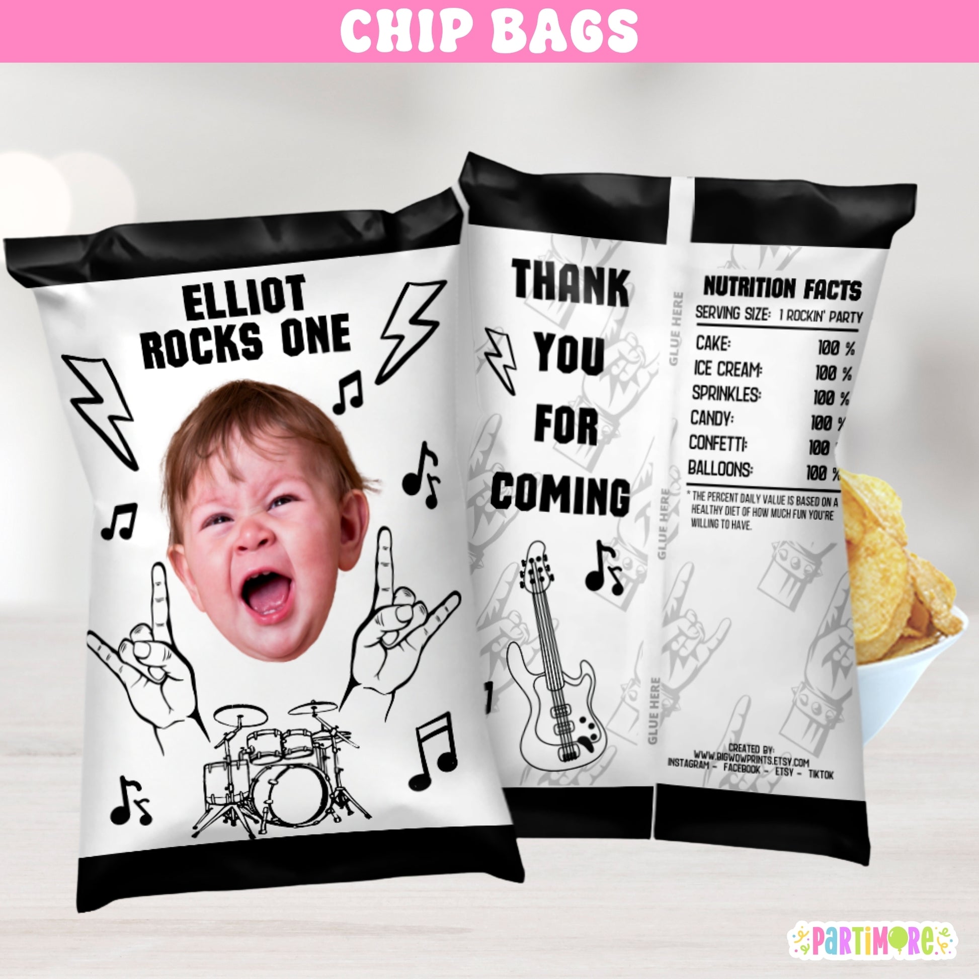 Born Two Rock birthday chip bag wrappers – rock star and world tour party favors with guitars and music notes, perfect for 1st, 2nd, or teen birthday celebrations