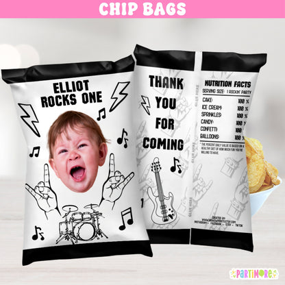 Born Two Rock birthday chip bag wrappers – rock star and world tour party favors with guitars and music notes, perfect for 1st, 2nd, or teen birthday celebrations