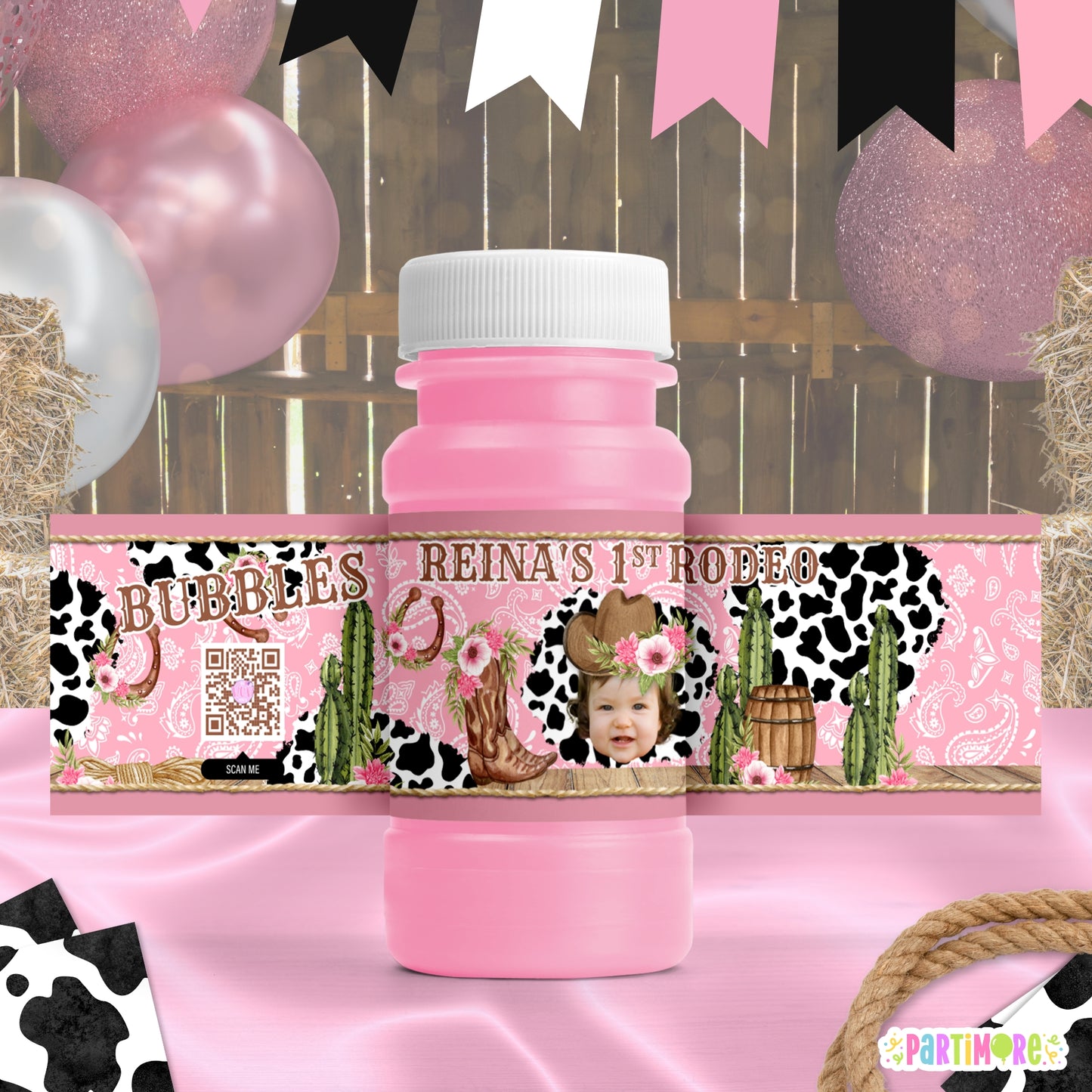 Personalized Pink Rodeo Bubble Bottle Labels | Western Cowgirl Party Favors | My First Rodeo Birthday Party Decorations