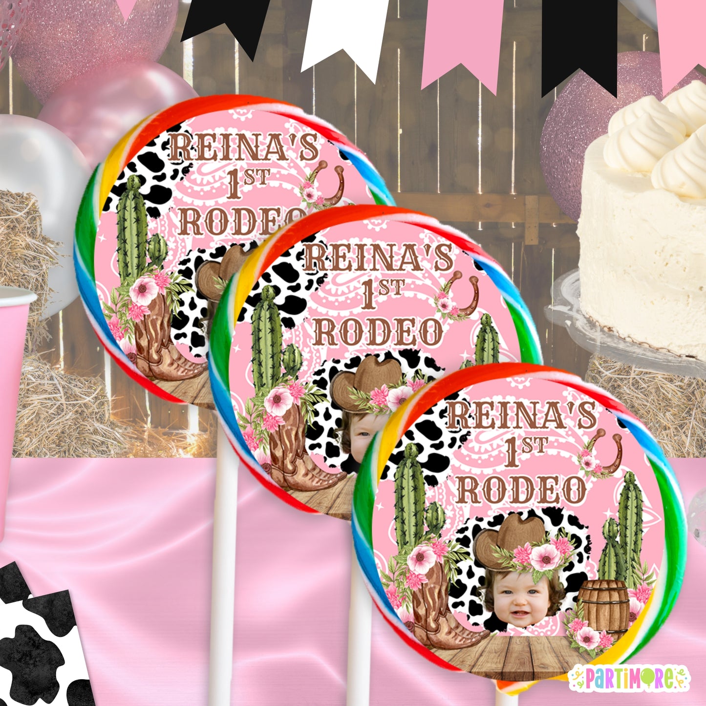 Personalized Rodeo Lollipop Round Stickers | Custom Western Cowgirl Party Favors | Cow Print Birthday Decor