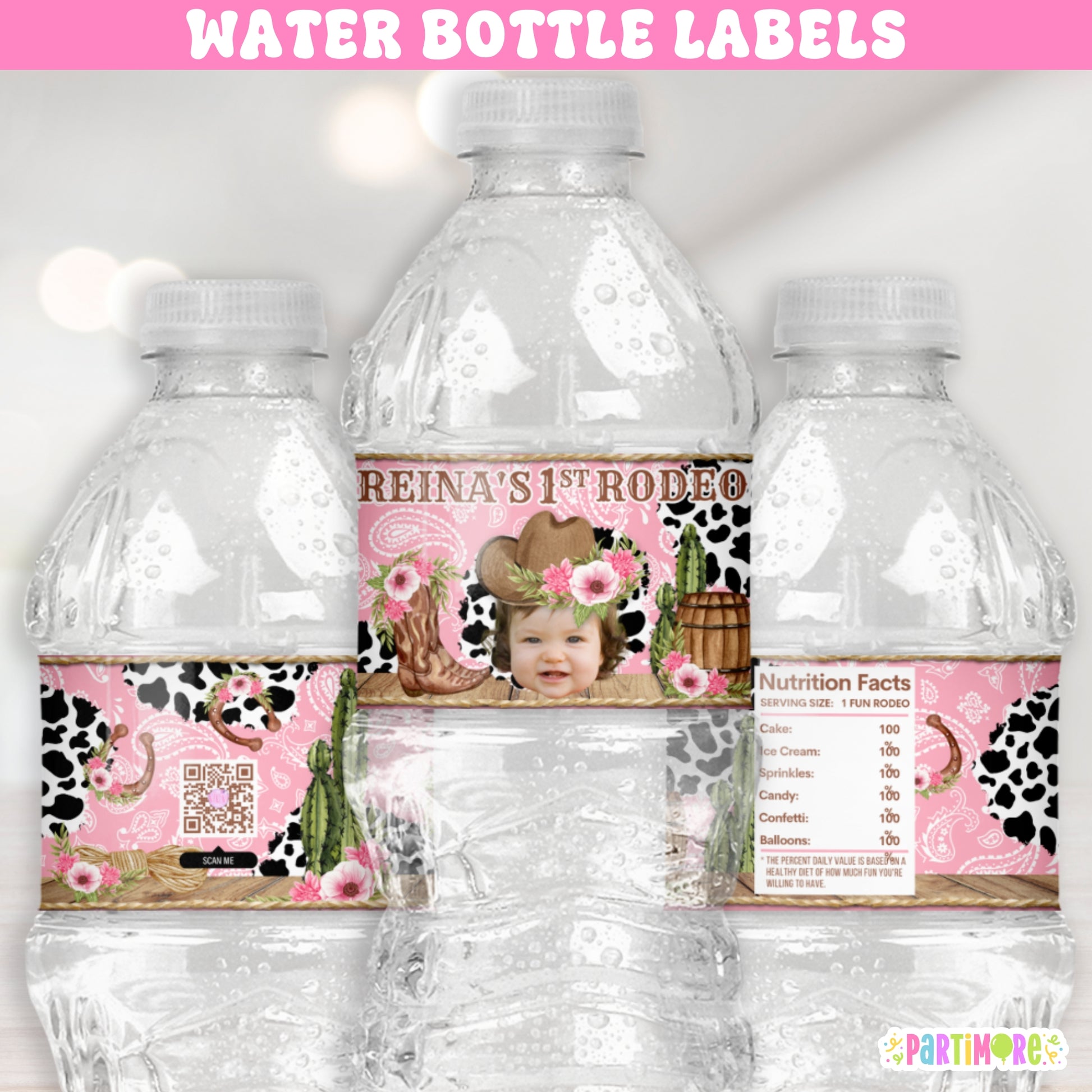 Personalized pink cowgirl water bottle labels for girl’s first rodeo birthday party, western cow print ranch theme drink wrappers