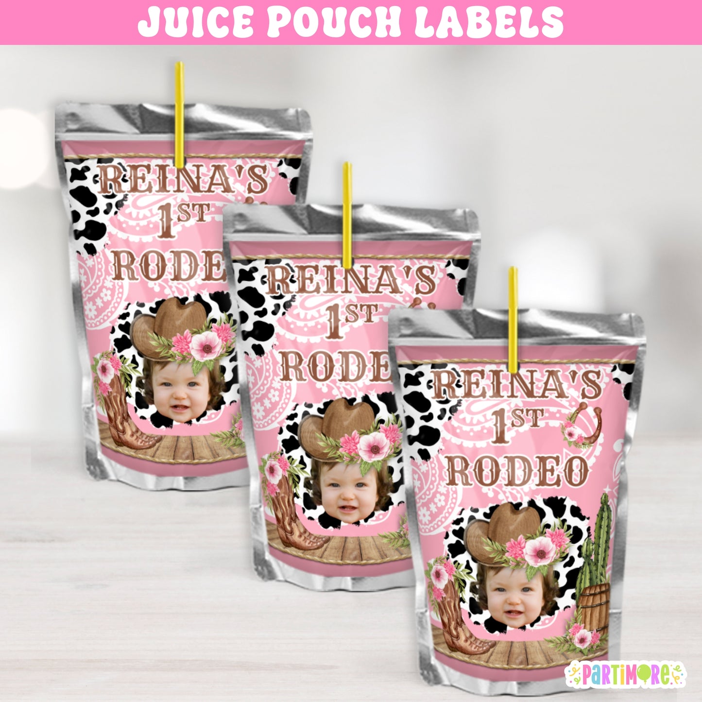 Custom pink cowgirl juice pouch labels for girl’s first rodeo birthday party, western cow print drink labels for ranch theme celebration