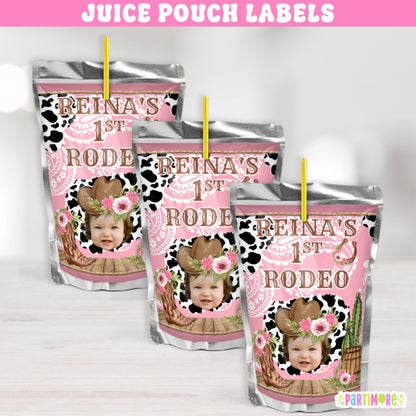 Custom pink cowgirl juice pouch labels for girl’s first rodeo birthday party, western cow print drink labels for ranch theme celebration