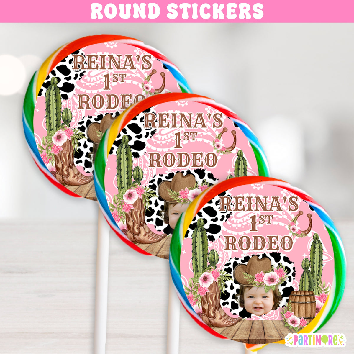Pink Rodeo Sticker Personalized Rodeo Lollipop Round Stickers | Custom Western Cowgirl Pa ...
