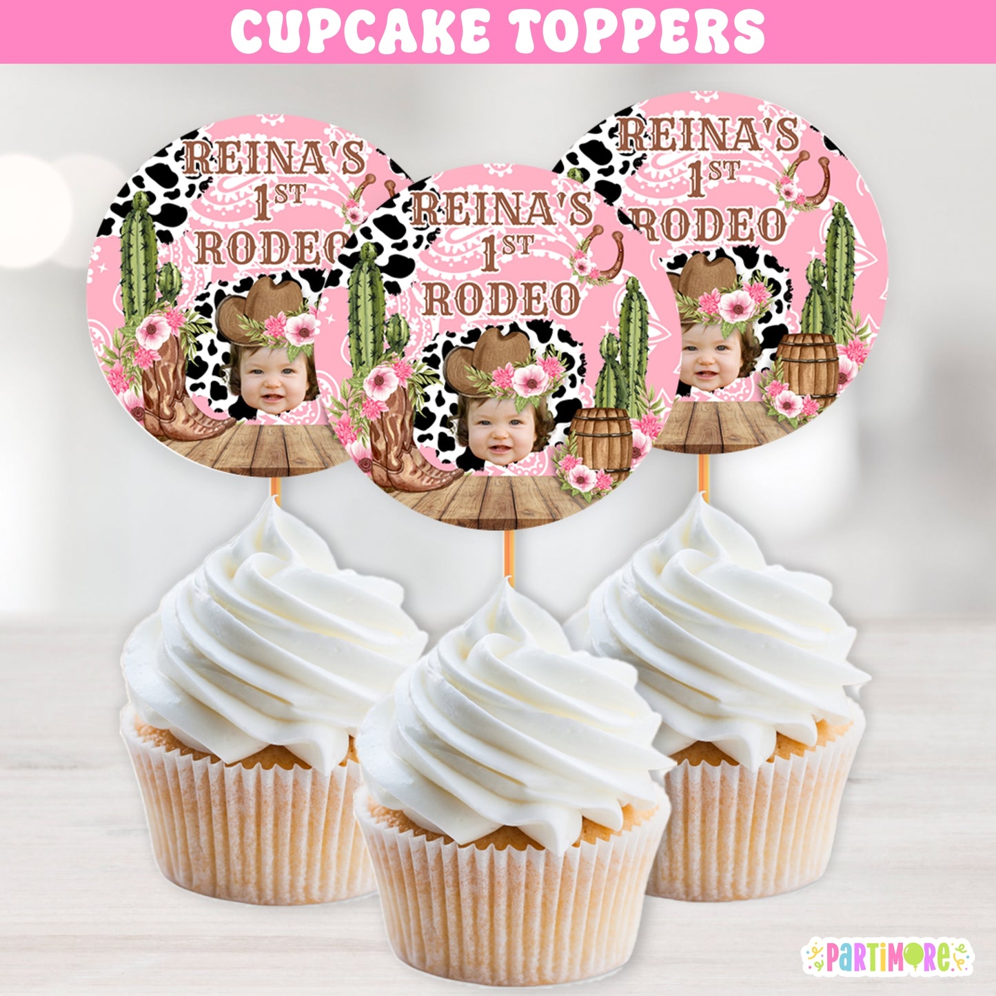 Pink cowgirl cupcake toppers for girl’s western birthday party, first rodeo cake decorations, cow print and floral ranch theme party supplies