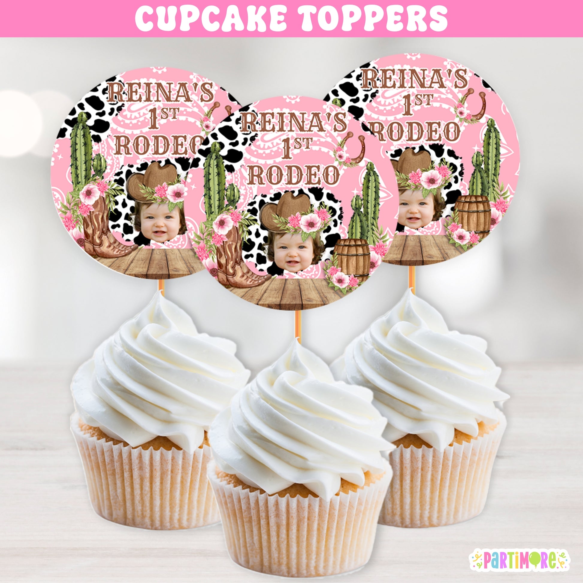 Pink cowgirl cupcake toppers for girl’s western birthday party, first rodeo cake decorations, cow print and floral ranch theme party supplies