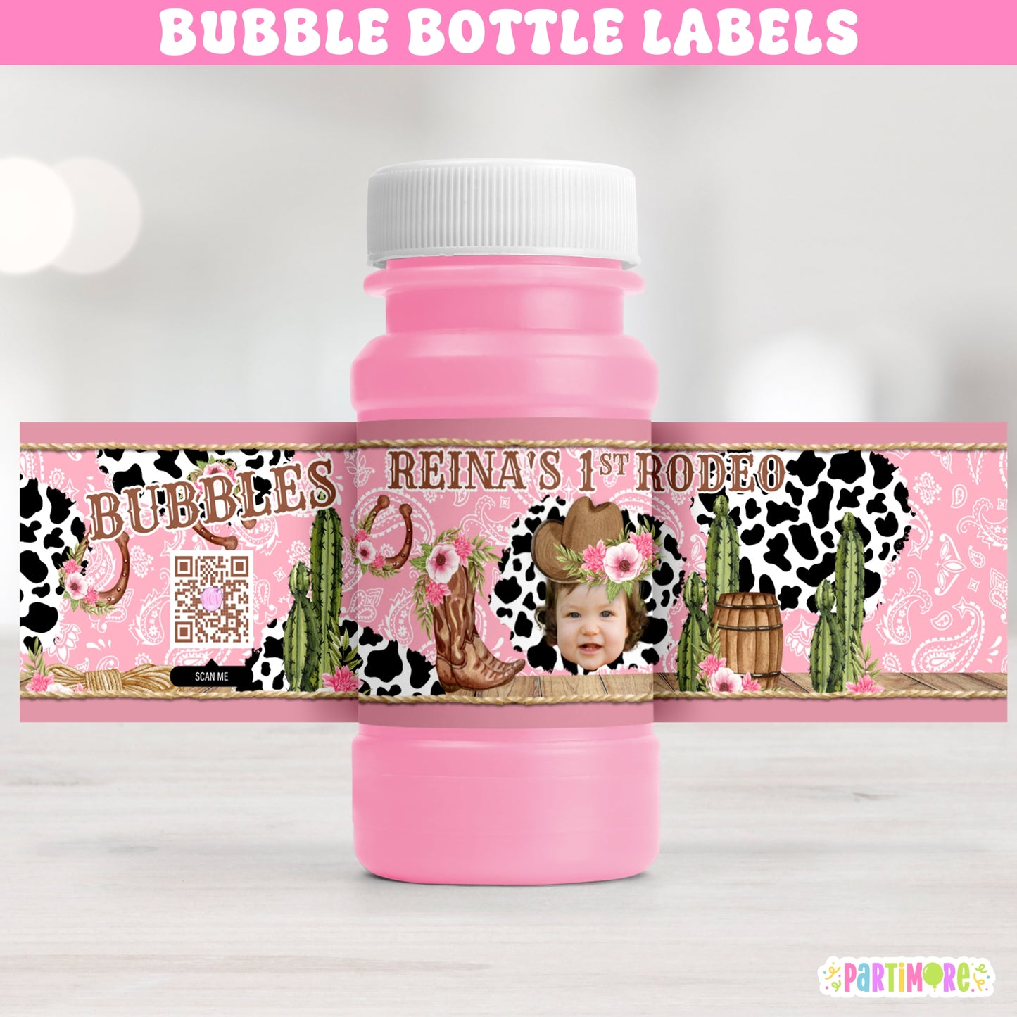 Personalized pink cowgirl bubble bottle labels for first rodeo birthday party, western cow print girl birthday decorations, fun ranch party favors