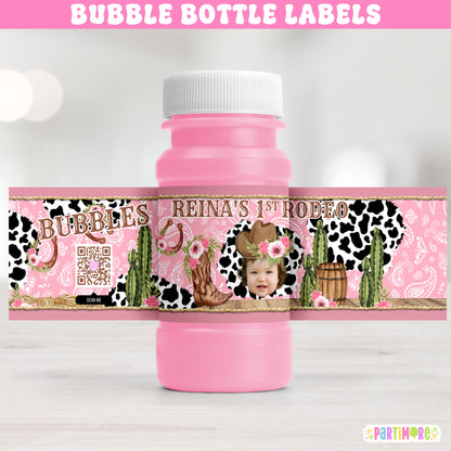 Personalized pink cowgirl bubble bottle labels for first rodeo birthday party, western cow print girl birthday decorations, fun ranch party favors
