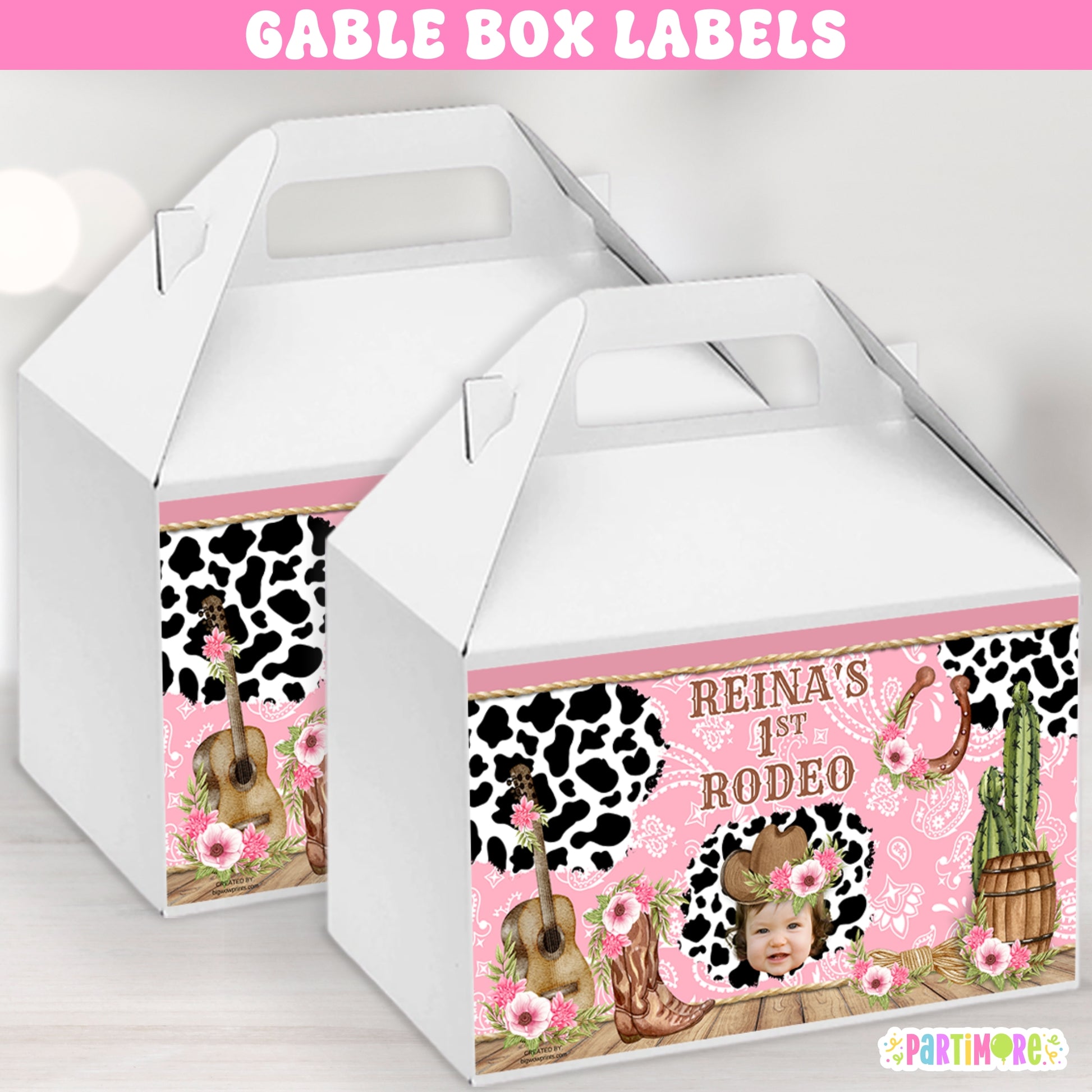Personalized pink cowgirl gable box labels for girl’s first rodeo birthday party, western cow print favor box stickers for ranch or farm theme