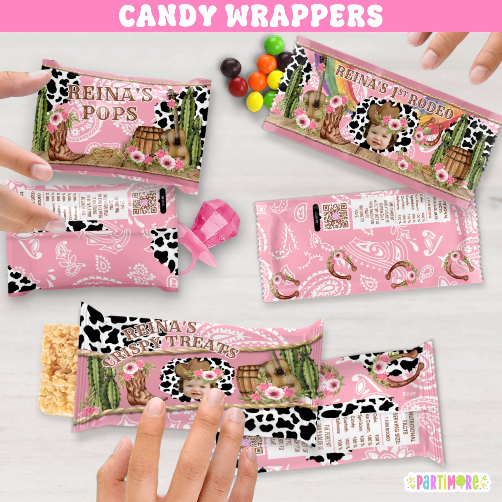 Custom pink cowgirl candy bar wrappers for girl’s first rodeo birthday party, western cow print and floral horse shoe theme, ranch party treat covers