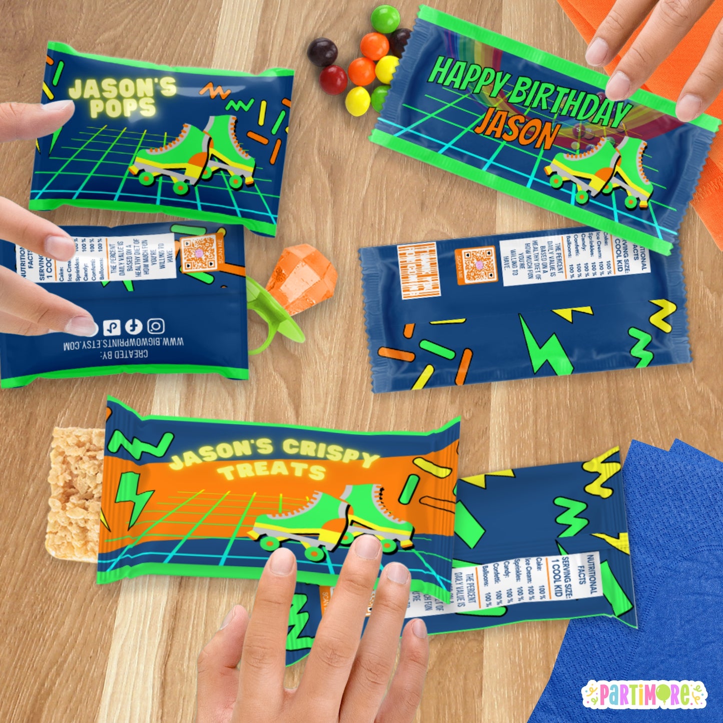 Custom Retro Skating Candy Wrappers | Personalized Neon Birthday Favors