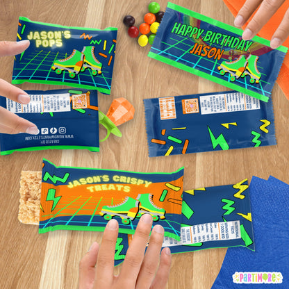 Custom Retro Skating Candy Wrappers | Personalized Neon Birthday Favors