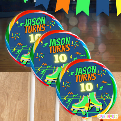 Personalized Skating Lollipop Round Stickers | Custom Glow Party Favor Labels