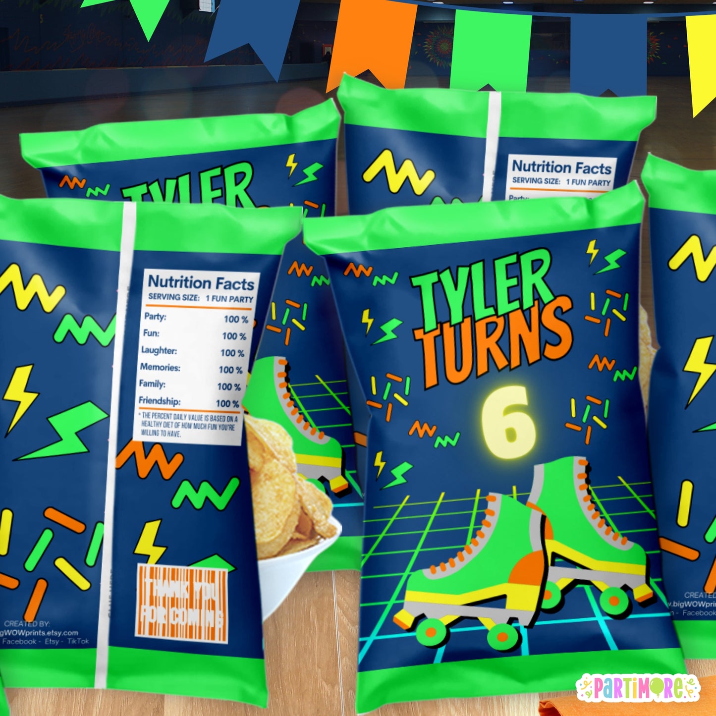 Personalized Retro Skating Snack Chip Bags | Custom Neon Party Favor