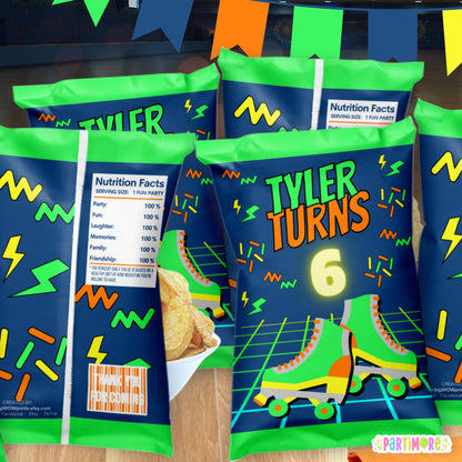 Personalized Retro Skating Snack Chip Bags | Custom Neon Party Favor