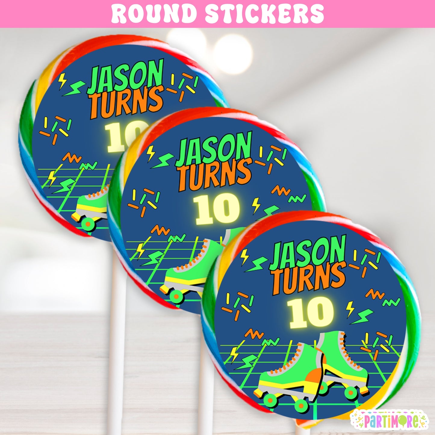 Personalized Skating Lollipop Round Stickers | Custom Glow Party Favor Labels