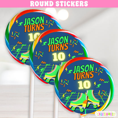Personalized Skating Lollipop Round Stickers | Custom Glow Party Favor Labels