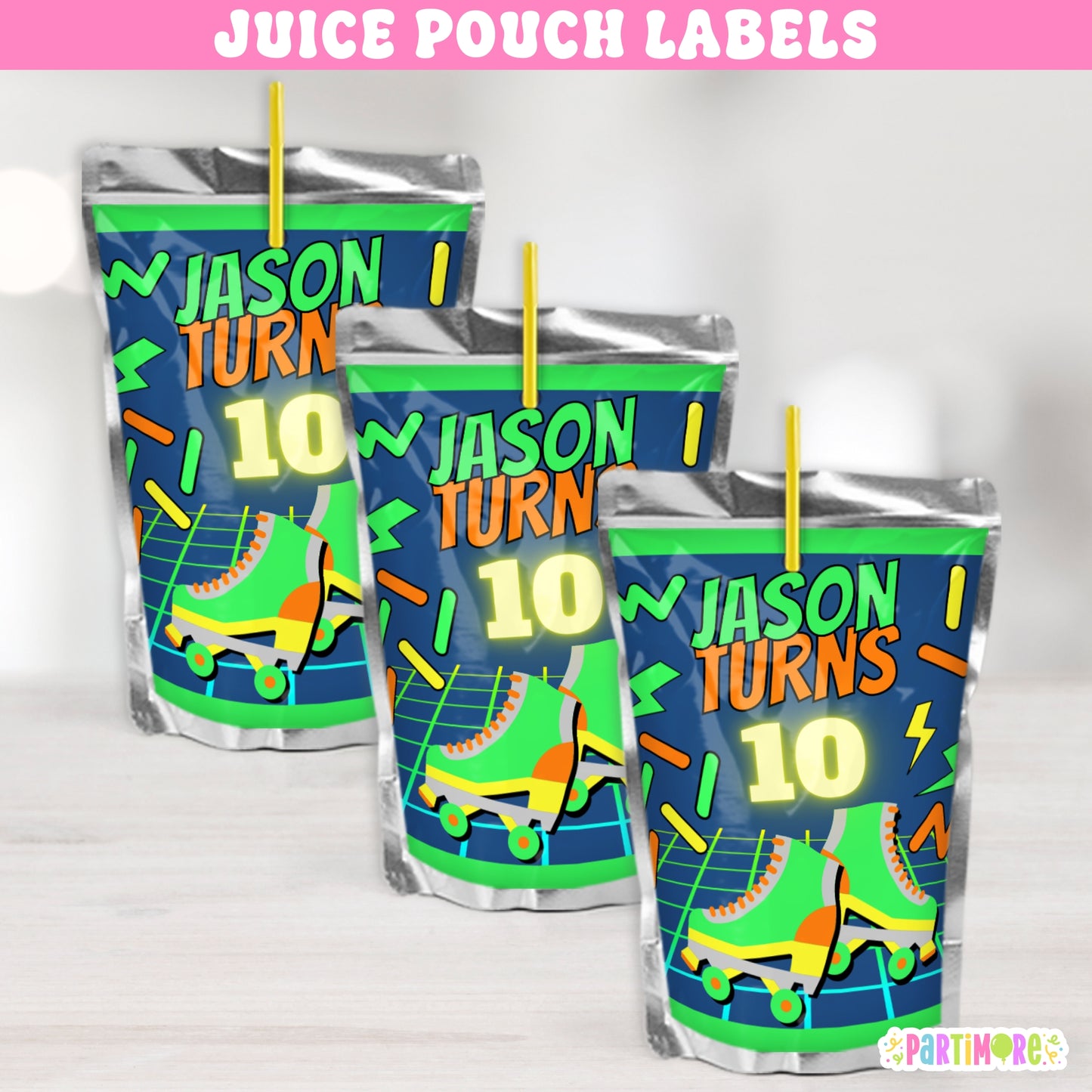 Custom Skating Juice Labels | Personalized Neon Glow Birthday Drink Stickers
