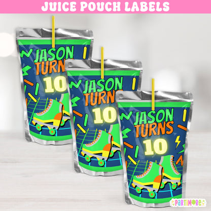 Custom Skating Juice Labels | Personalized Neon Glow Birthday Drink Stickers