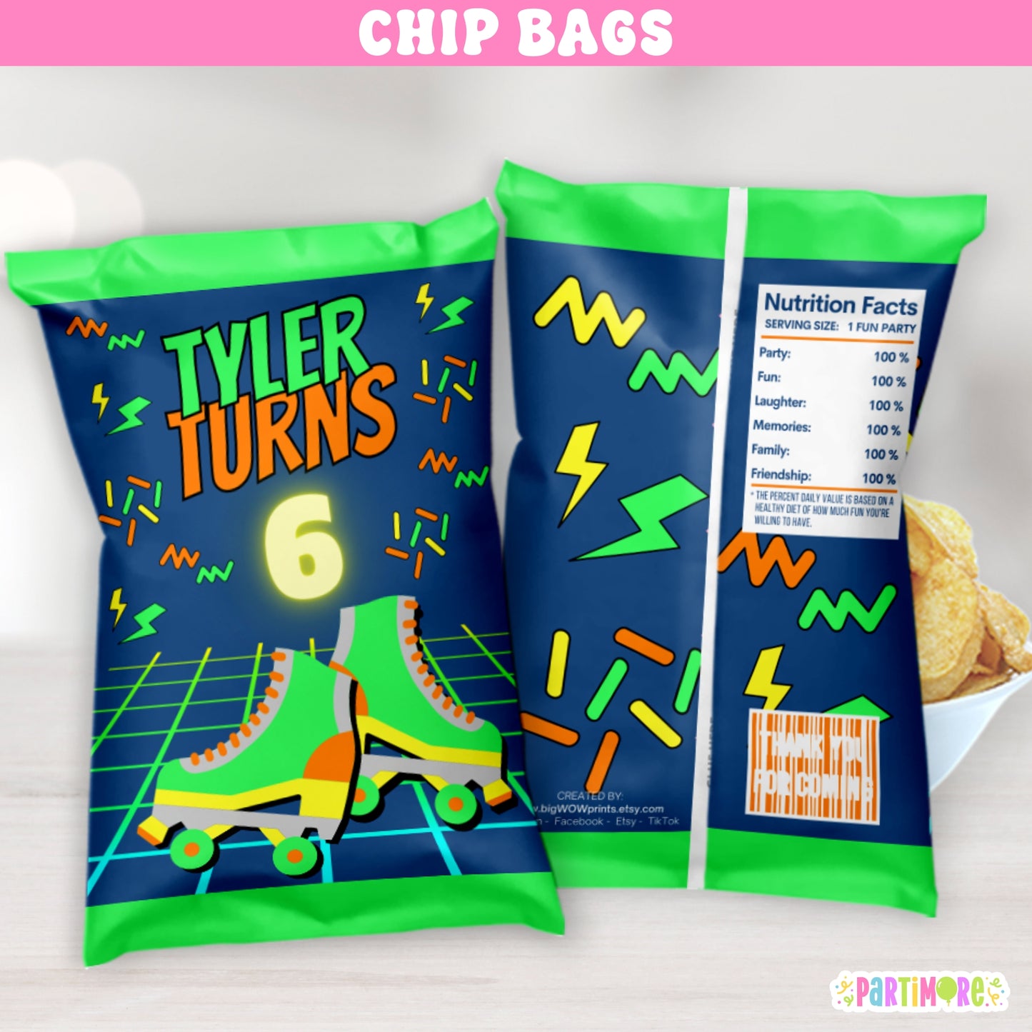 Personalized Retro Skating Snack Chip Bags | Custom Neon Party Favor