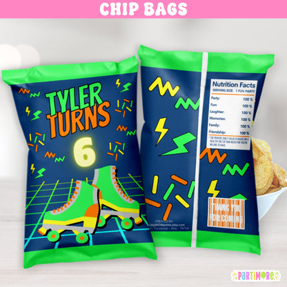 Personalized Retro Skating Snack Chip Bags | Custom Neon Party Favor