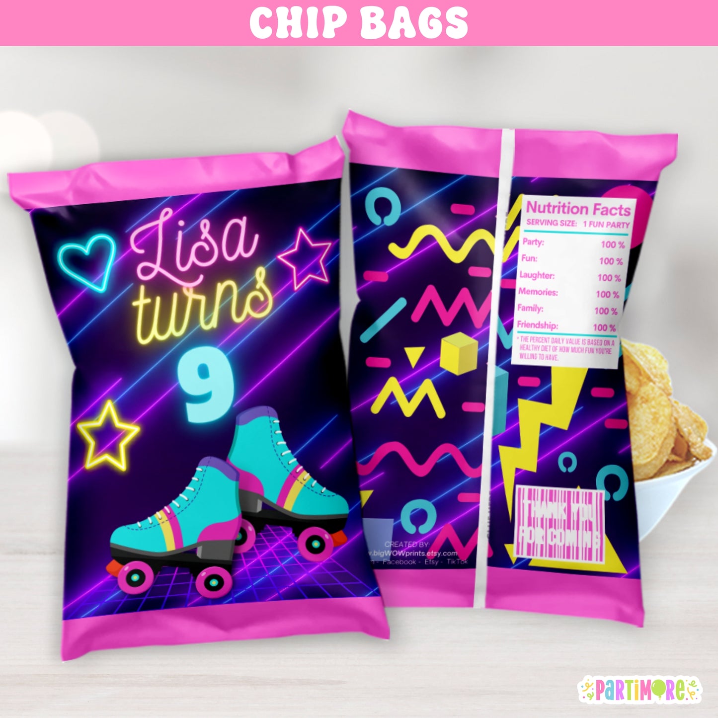 Personalized Purple Retro Skating Snack Chip Bags | Custom Glow In The Dark Inspired Party Favor