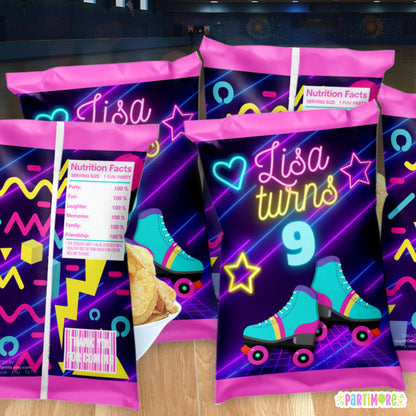 Personalized Purple Retro Skating Snack Chip Bags | Custom Glow In The Dark Inspired Party Favor