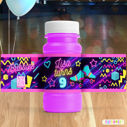Personalized Skating Bubble Bottle Labels | Purple Neon Glow In The Dark Inspired Skate Party Stickers