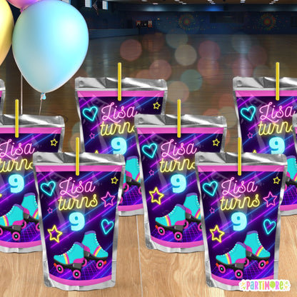 Custom Skating Juice Labels | Personalized Purple Retro Glow In The Dark Inspired Birthday Drink Sticker Party Favors