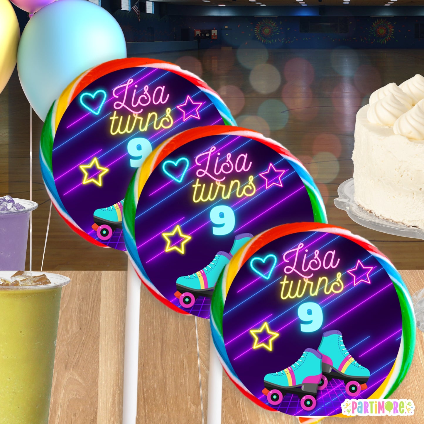 Personalized Skates Stickers | Purple Retro Neon Glow In The Dark Inspired Birthday Party Favor Labels