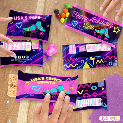 Custom Skates Candy Wrappers | Personalized Purple Retro Neon Glow In The Dark Inspired Birthday Favors