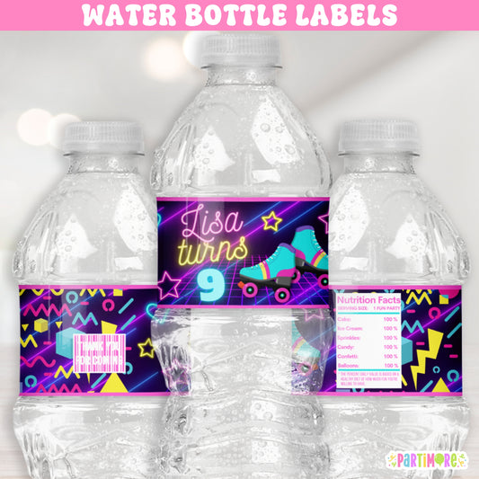 Neon Skates Water Bottle Labels | Personalized Retro Purple 90s Party Stickers | Skating Party Favors For Girls