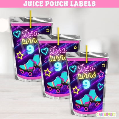Custom Skating Juice Labels | Personalized Purple Retro Glow In The Dark Inspired Birthday Drink Sticker Party Favors