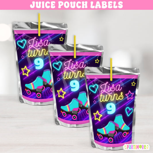Custom Skating Juice Labels | Personalized Purple Retro Glow In The Dark Inspired Birthday Drink Sticker Party Favors