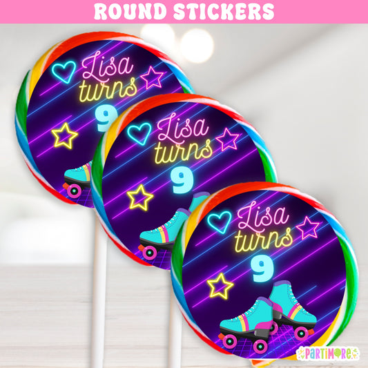 Personalized Skates Stickers | Purple Retro Neon Glow In The Dark Inspired Birthday Party Favor Labels