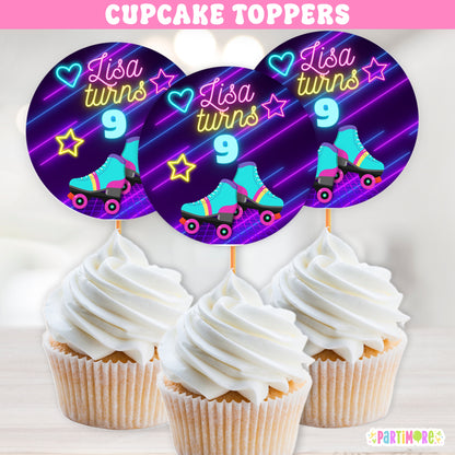 Retro Skates Cupcake Toppers | Personalized Neon Glow In The Dark Inspired Purple Skating Party Decorations