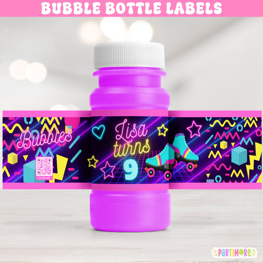 Personalized Skating Bubble Bottle Labels | Purple Neon Glow In The Dark Inspired Skate Party Stickers