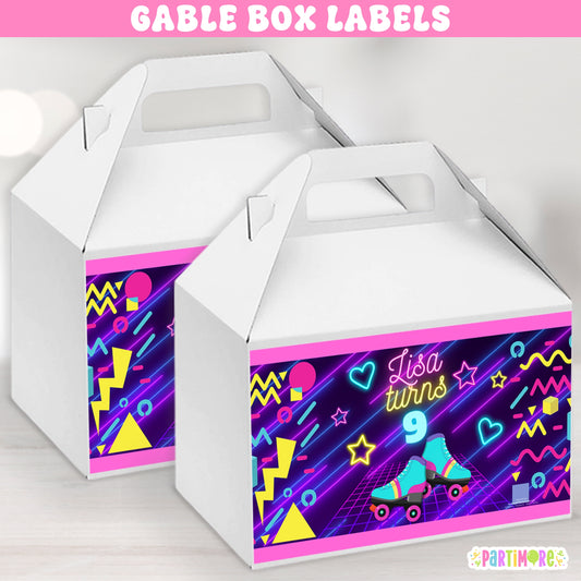 Retro Skating Purple Gable Box Labels | Personalized Glow In The Dark Inspired Skating Rink Favor Stickers