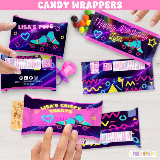 Custom Skates Candy Wrappers | Personalized Purple Retro Neon Glow In The Dark Inspired Birthday Favors