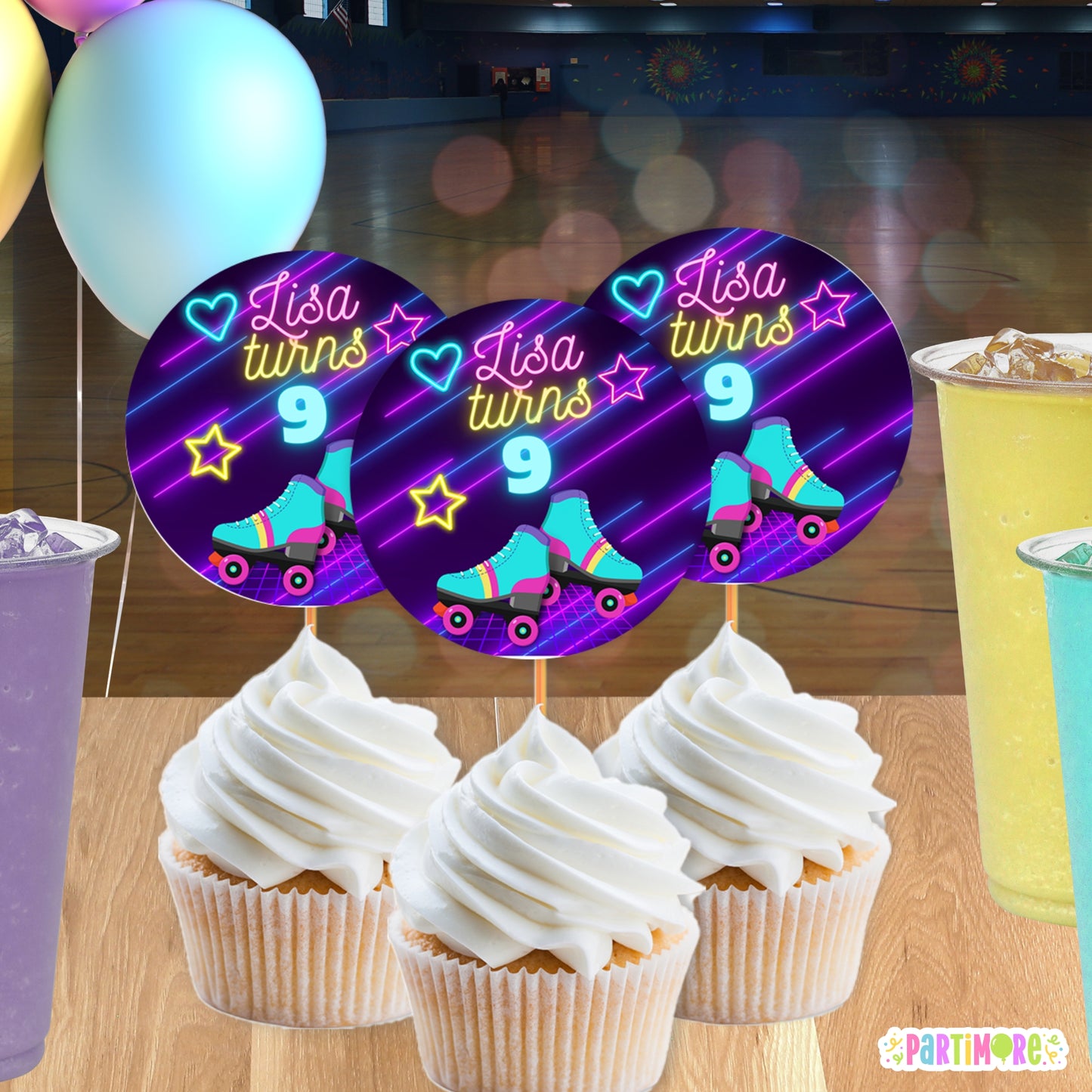 Retro Skates Cupcake Toppers | Personalized Neon Glow In The Dark Inspired Purple Skating Party Decorations