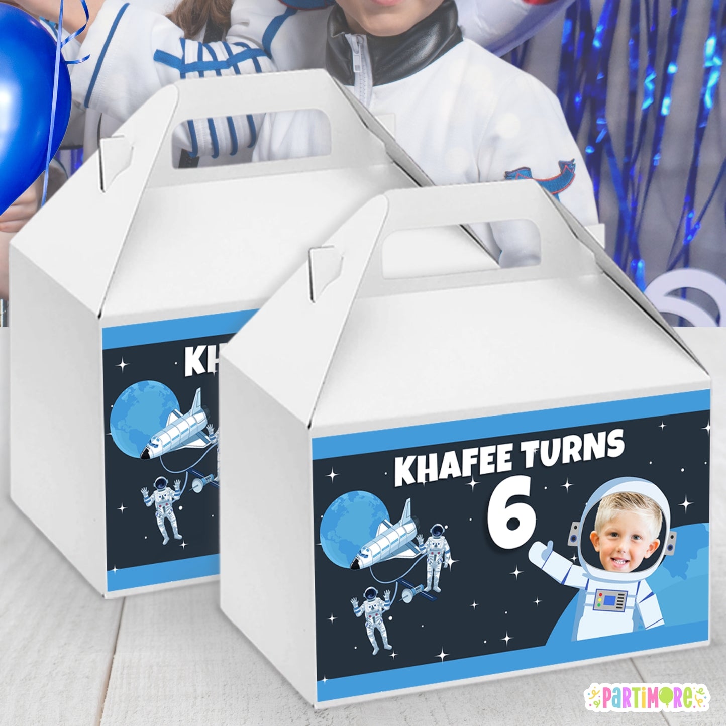 Personalized Outer Space Gable Box Label Stickers | Custom Astronaut Themed Party Box Sticker