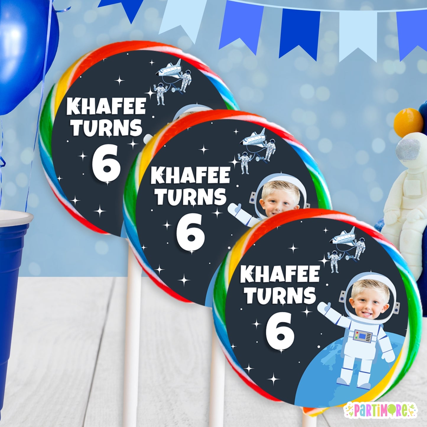 Personalized Outer Space Round Lollipop Stickers | Custom Astronaut Birthday Labels for Party Favors