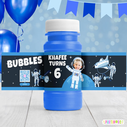 Personalized Outer Space Bubble Bottle Labels | Custom Astronaut-Themed Party Favor Stickers