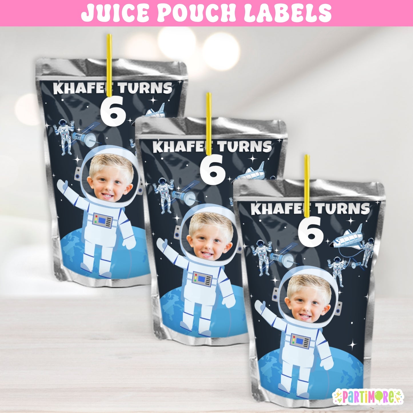 Personalized Outer Space Juice Pouch Labels | Custom Astronaut Birthday Party Adhesive Stickers