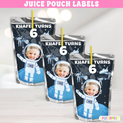 Personalized Outer Space Juice Pouch Labels | Custom Astronaut Birthday Party Adhesive Stickers