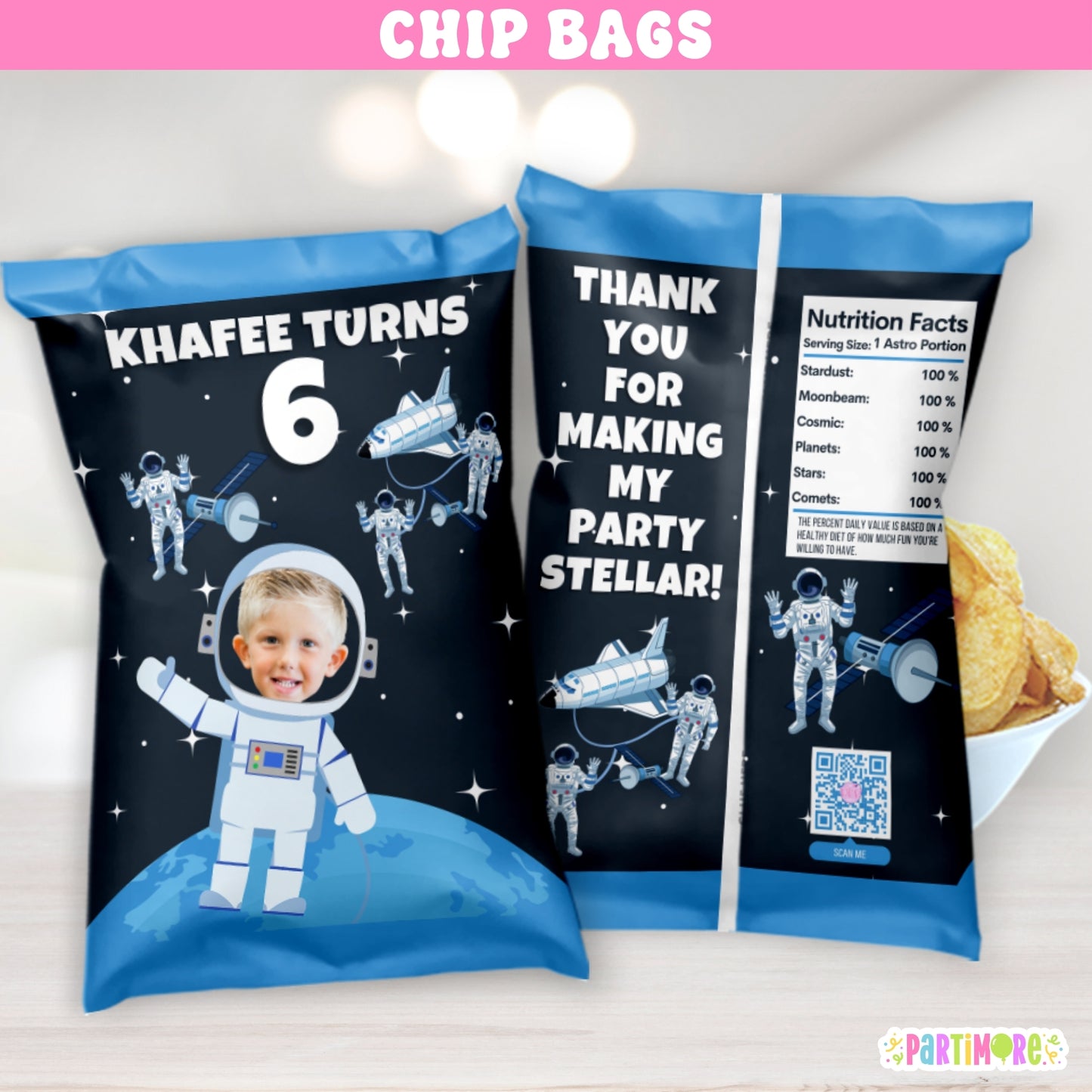 Personalized Outer Space Chip Bag Party Favors | Custom Astronaut Snack Wrappers for Kids’ Adults' Space Birthday