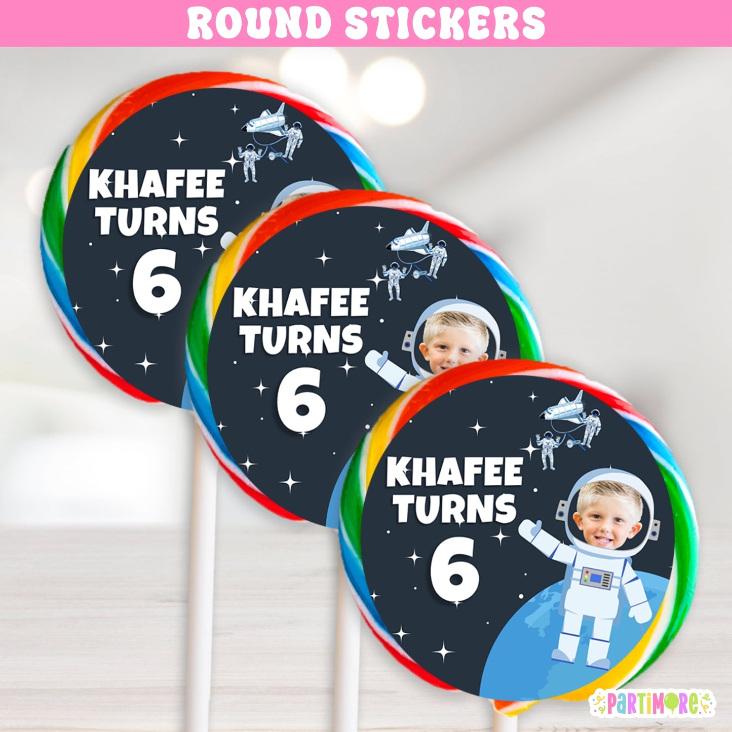 Personalized Outer Space Round Lollipop Stickers | Custom Astronaut Birthday Labels for Party Favors