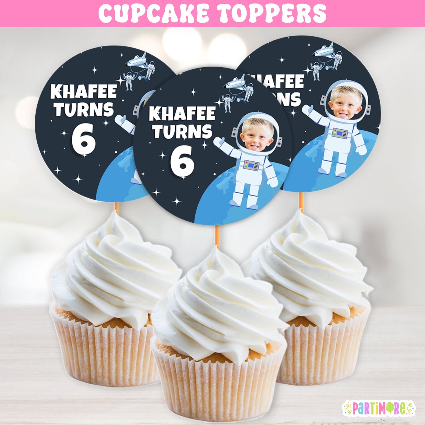 Personalized Outer Space Cupcake Toppers | Custom Astronaut Birthday Party Decorations