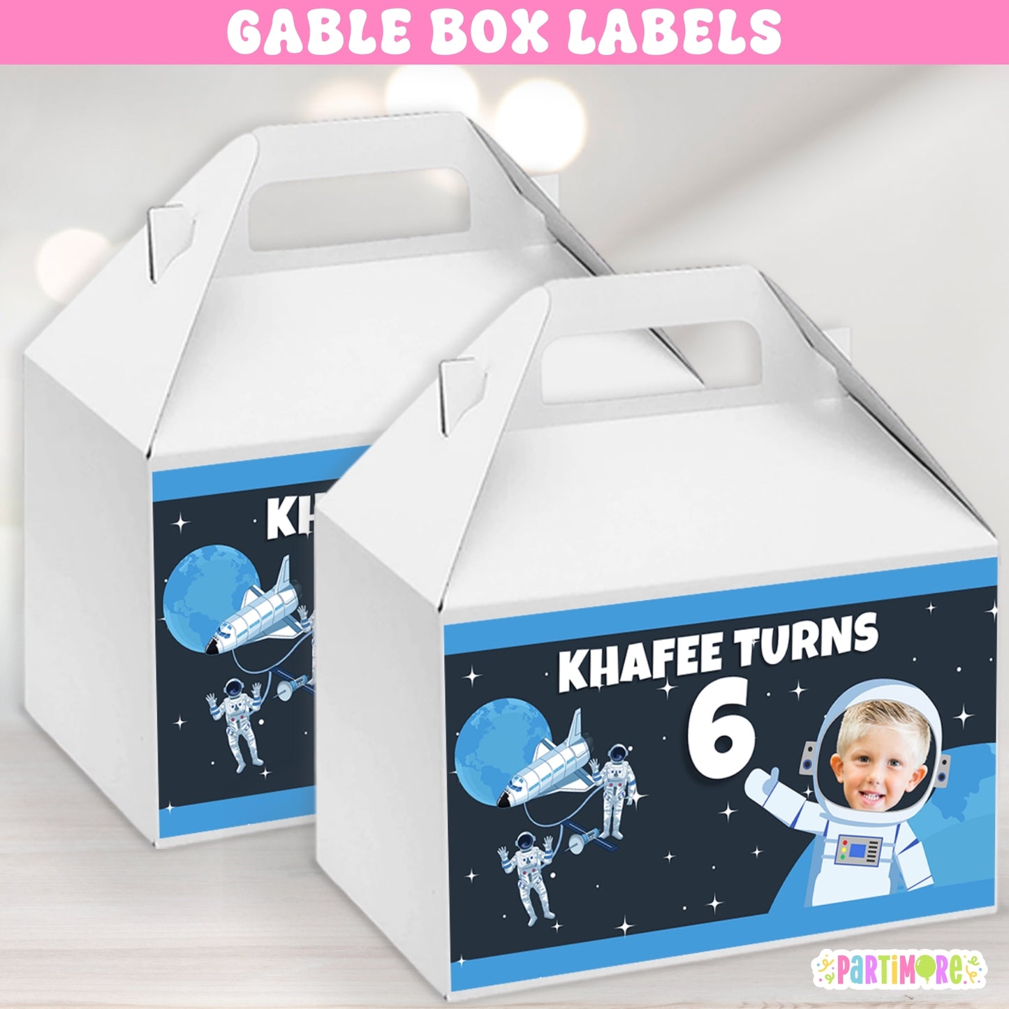 Personalized Outer Space Gable Box Label Stickers | Custom Astronaut Themed Party Box Sticker